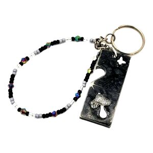 Black Cloudy Bottle Opener Beaded 3D Silver Butterfly Mushroom Keychain
